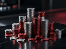 Render of silver and crimson financial coins stacked